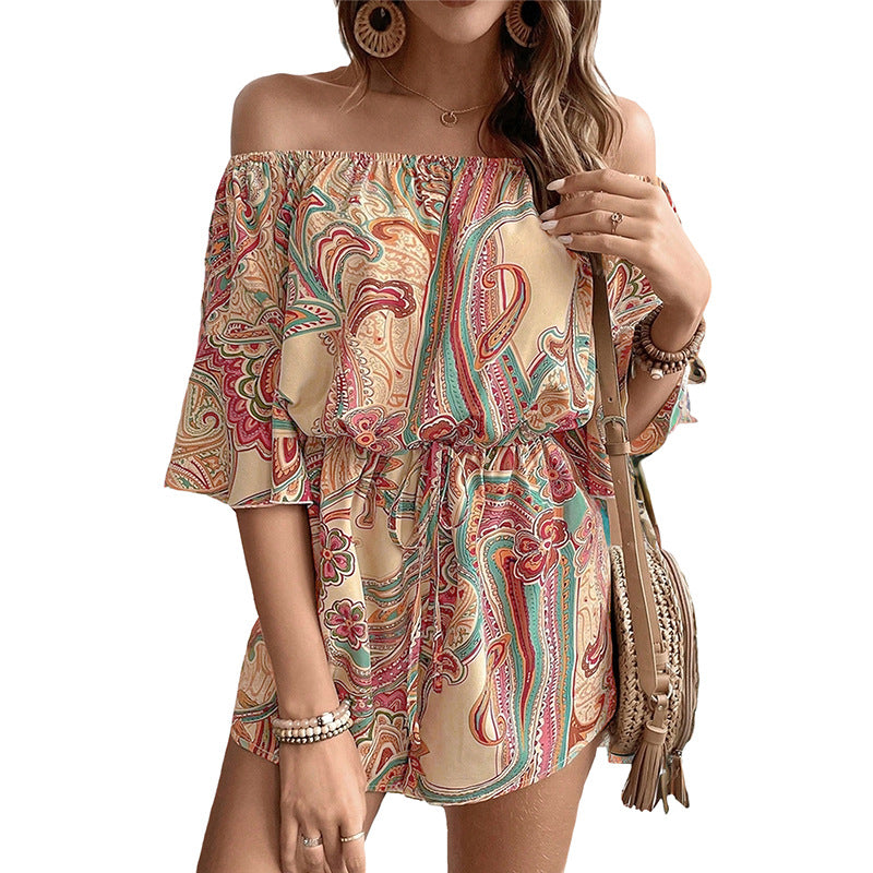 Damen Off-Shoulder Playsuit mit verspieltem Paisley-Muster und elastischem Taillenzug Drune