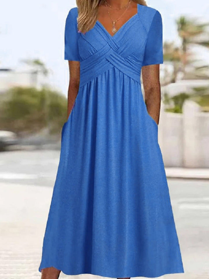 Damen nan fließendes Maxikleid mit gekreuzter Passe V-Ausschnitt Kurzarm und Eingrifftaschen Drune