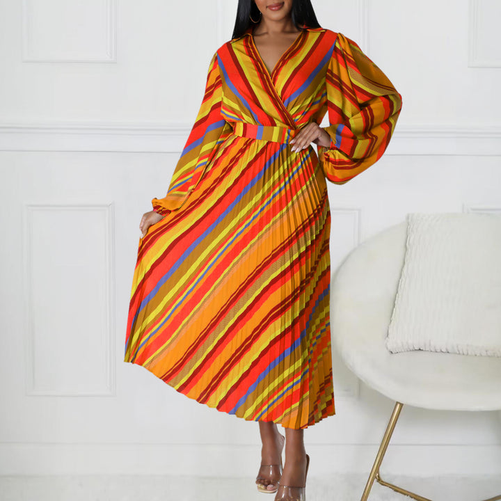 Damen Maxikleid mit elegantem Wickelkragen und farbenfrohem Streifenmuster Drune