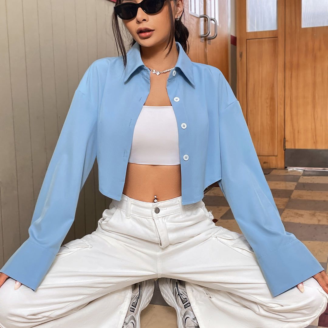 Damen cropped Bluse mit weiten Ärmeln und eleganter Knopfleiste Drune