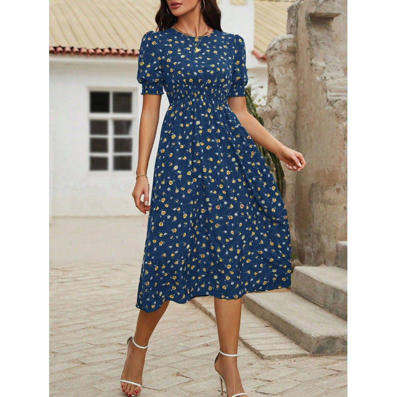 Damen Leichtes Blumendruck Maxi Kleid mit Smock-Taille Drune