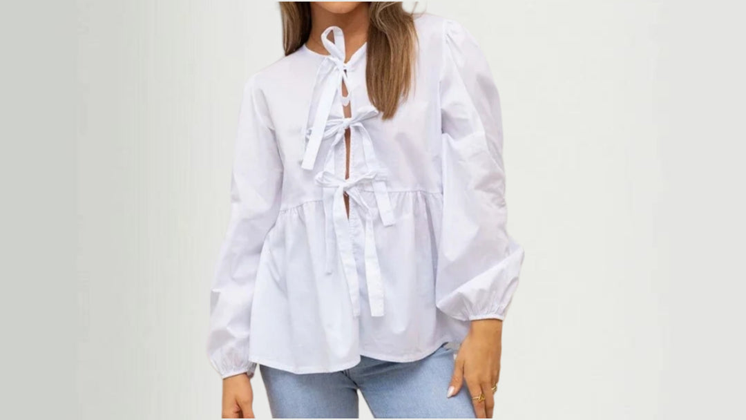 Damen Bluse mit Volantärmeln und Schleifenband Drune