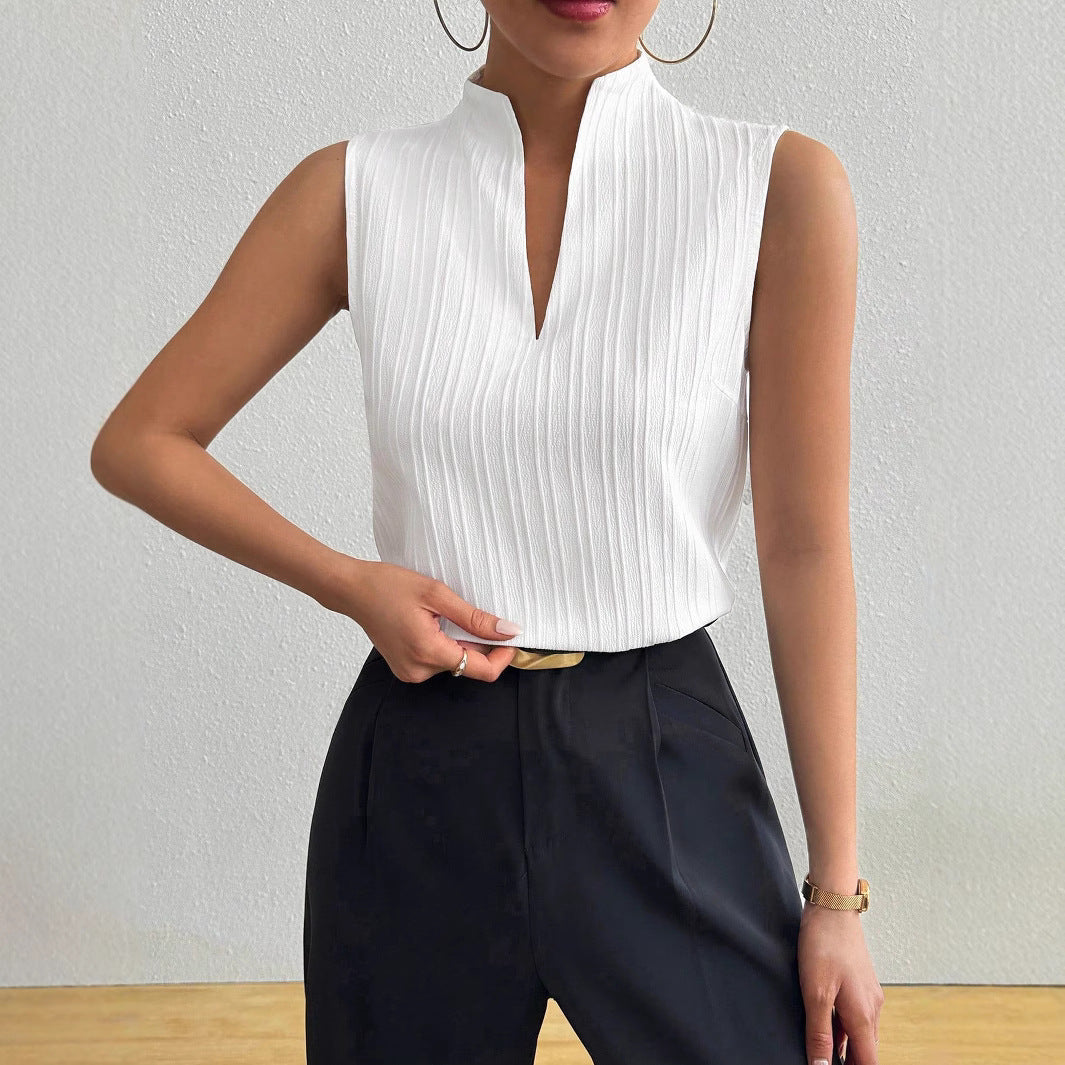 Damen Elegantes Top mit Stehkragen und feinen Plisseefalten Drune