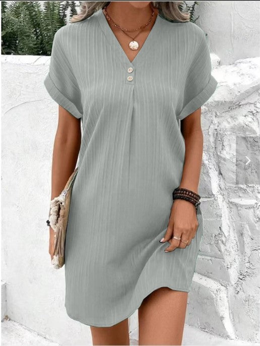 Damen Kurzarm Kleid mit Knopfleiste und feinem Längsstreifenmuster Drune