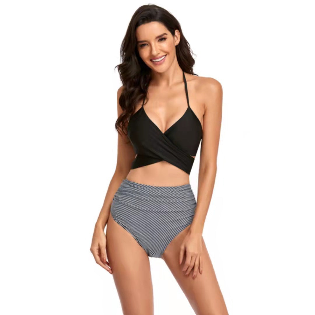 Damen Hochgeschnittener Bikini mit Wickeloberteil und floralen Mustern Drune
