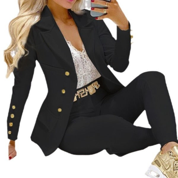 Damen nan tailliertes Doppelreiher-Blazer-Set mit goldknopf-Detail und hochtaillierter Slimhose Drune