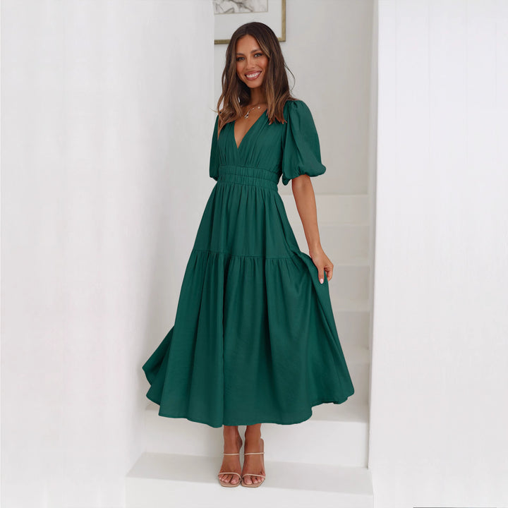 Damen Maxikleid mit puffärmeligem Design und elastischem Taillenzug Drune