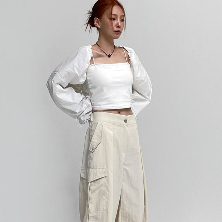 Damen cropped Langarmbluse mit Rüschen Drune