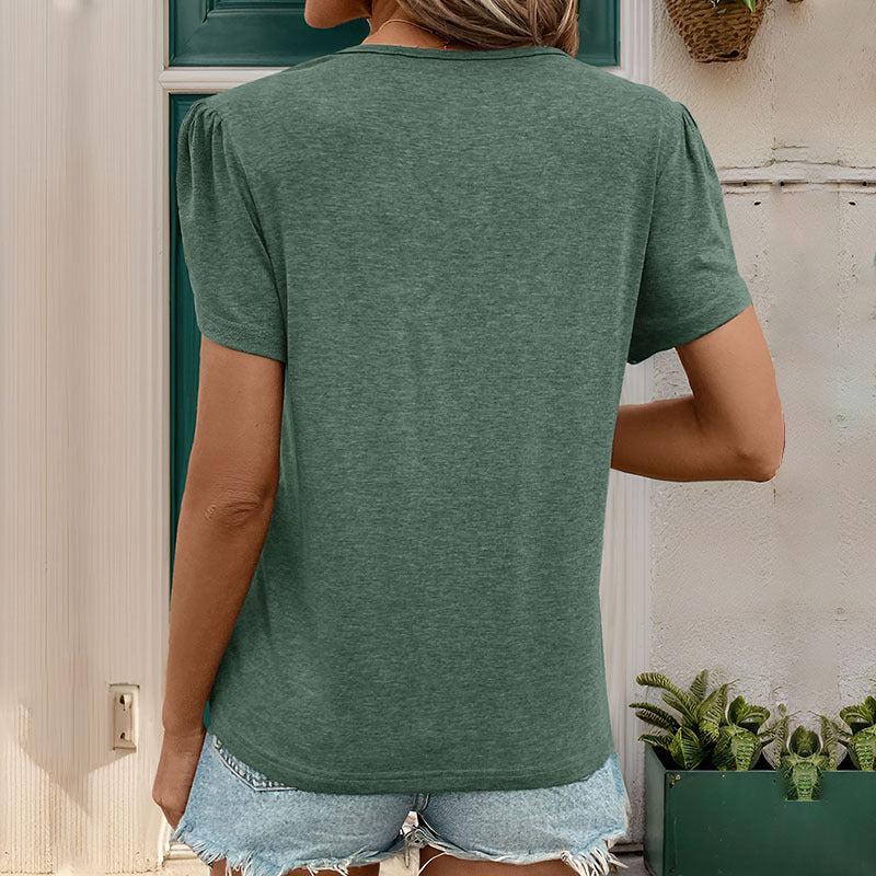 Damen lässiges V-Ausschnitt T-Shirt mit Puffärmeln Drune