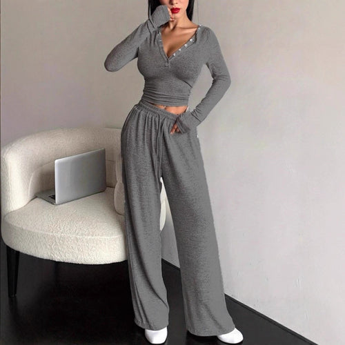 Damen lässiges Lounge-Set mit Knopfdetails und elastischem Bund Drune