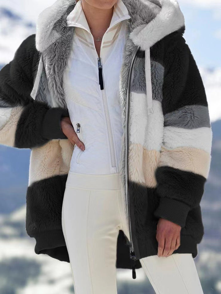 Damen nan oversized Kunstfelljacke mit Kapuze, Blockstreifen-Optik und zweifachem Reißverschluss Drune
