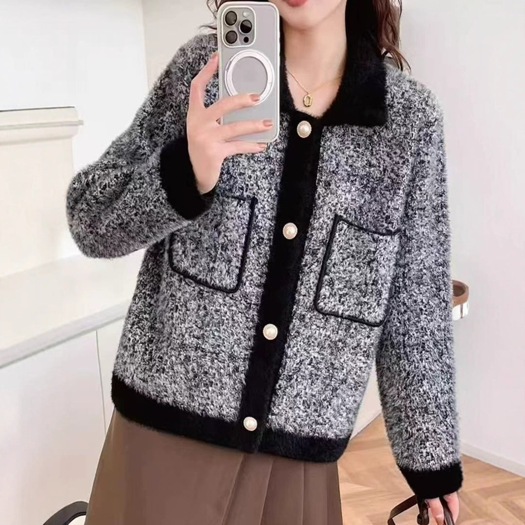 Damen Flauschige Strickjacke mit kontrastierenden Taschen und Kragen Drune