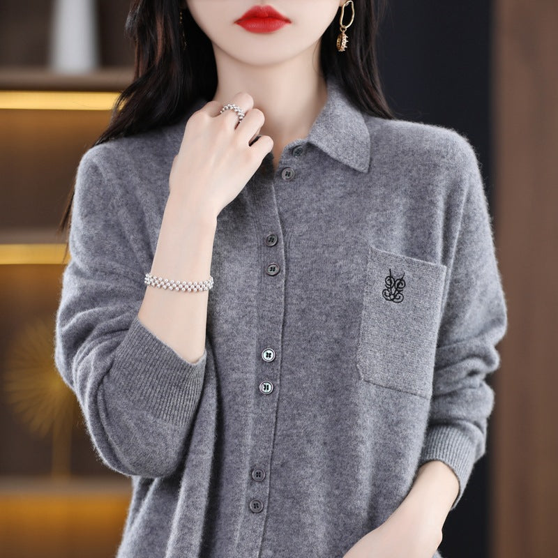 Damen Langärmlige Strickjacke mit elegantem Kragen und praktischer Knopfleiste Drune