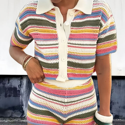 Damen Häkelschnitt Short-Set mit modischen Streifen Drune