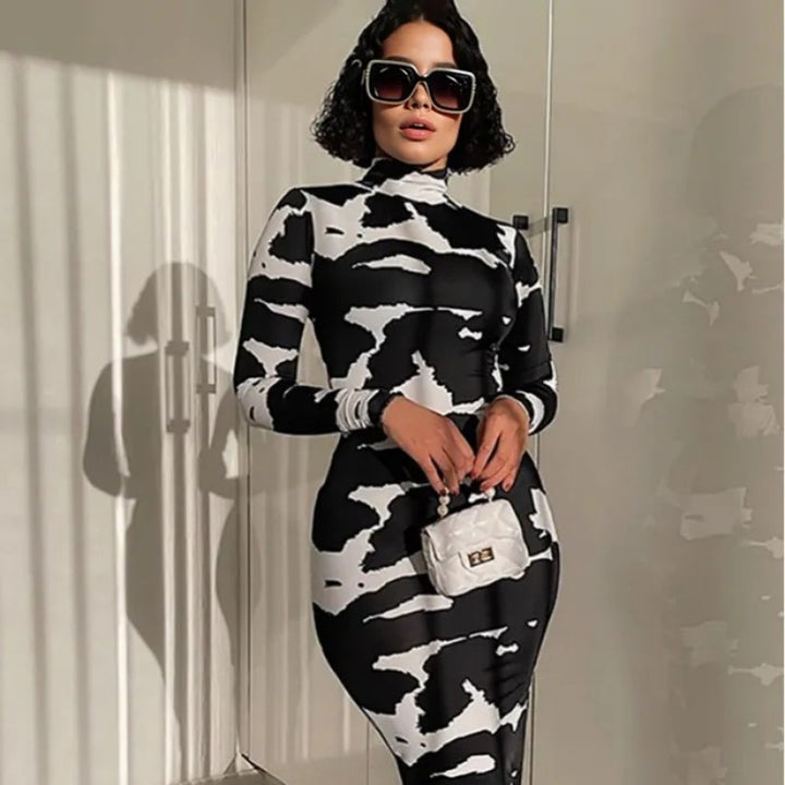 Damen Bodycon-Kleid mit hohen Kragen und grafischem Muster Drune