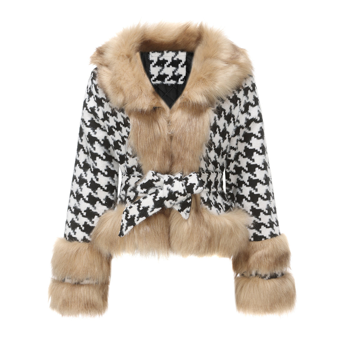 Damen Hochwertige Winterjacke mit auffälligem Hahnentritt und faux Pelzkragen Drune