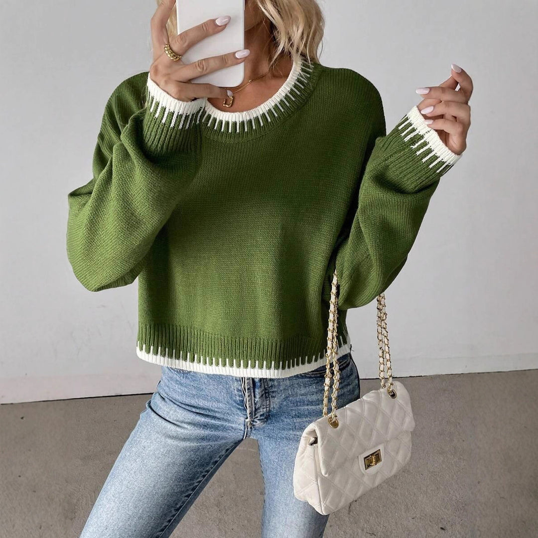 Damen Bequemer Strickpullover mit modischem Rundhalsausschnitt und farblich abgesetzten Details Drune