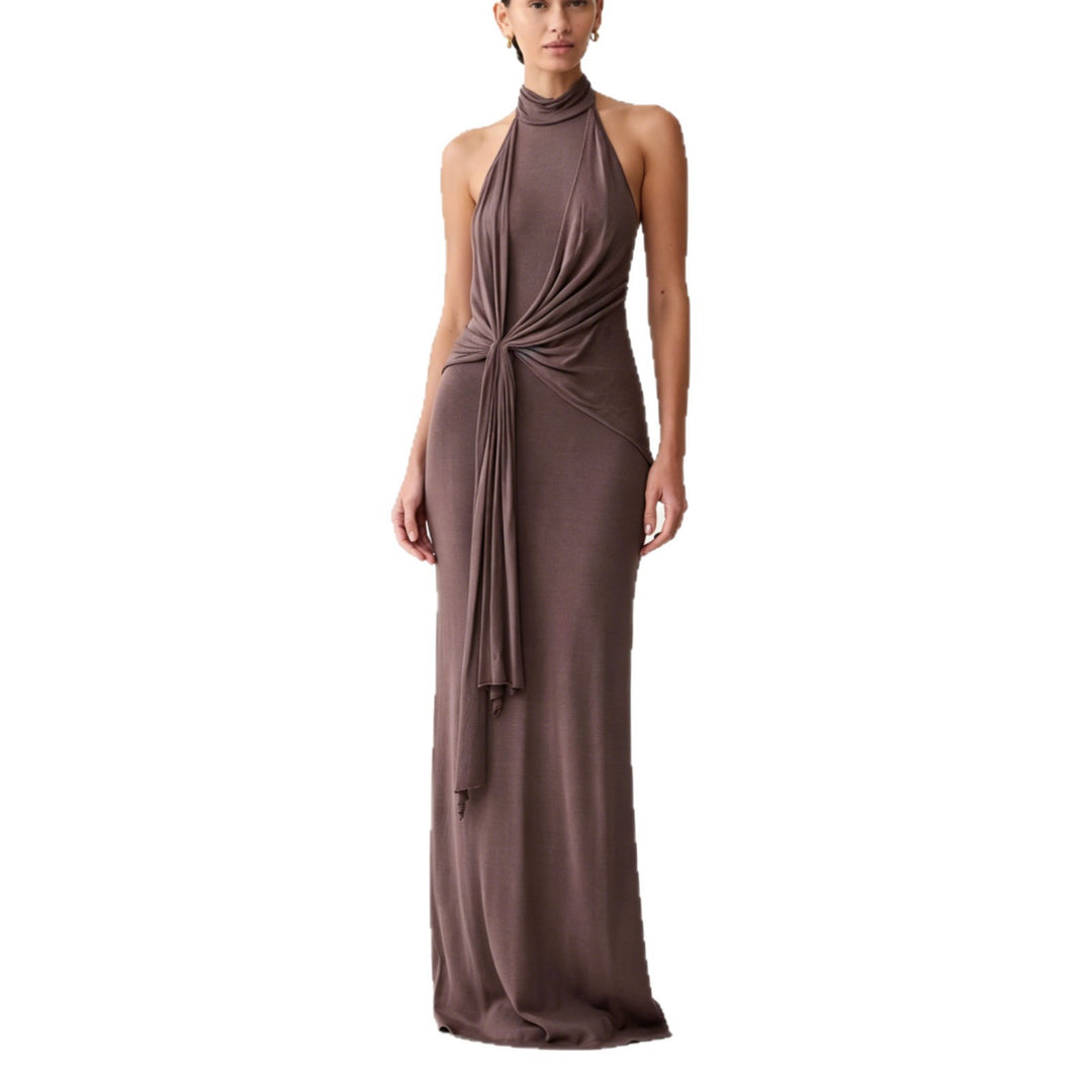 Damen Elegantes Maxikleid mit hohem Kragen und raffinierten Drapierungen Drune