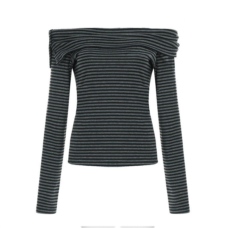 Damen nan schulterfreies Langarmshirt mit Carmen-Ausschnitt, taillierter Passform und feinem Streifenmuster Drune