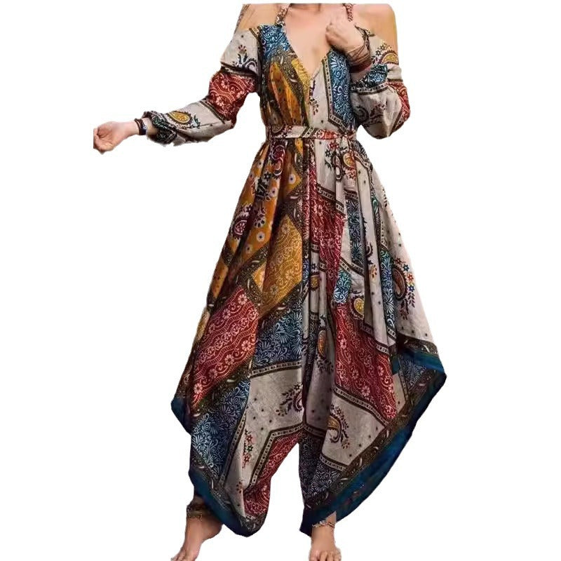 Damen Langes Wickelkleid mit verspieltem Muster und off-shoulder Design Drune