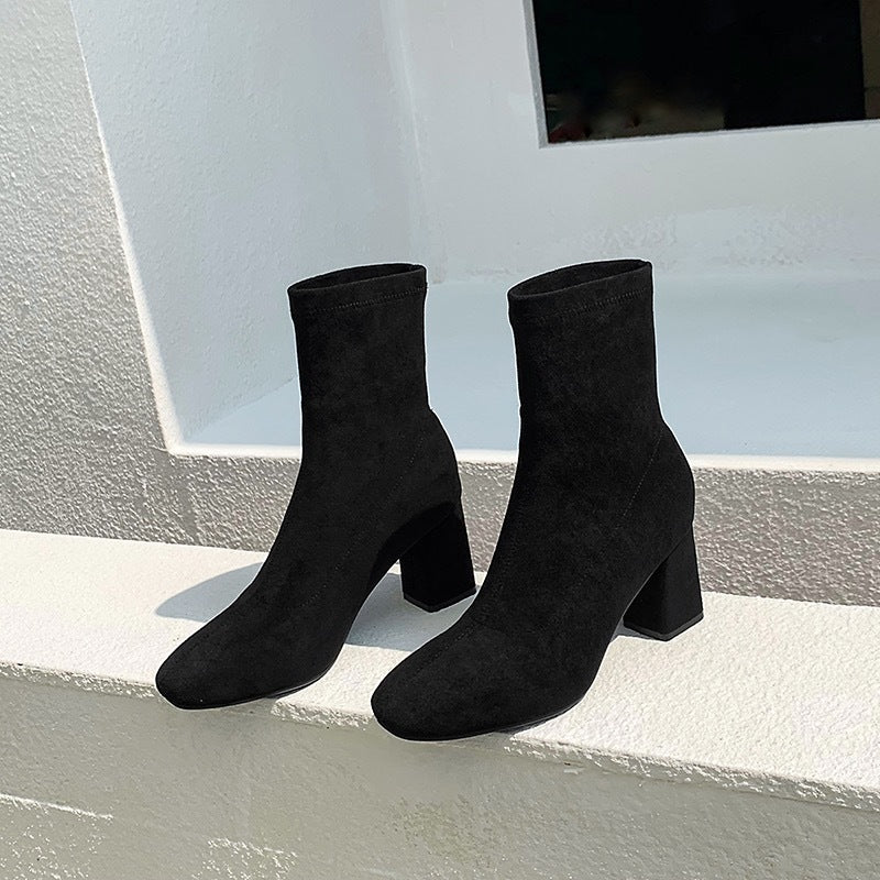 Damen nan Stretch-Stiefelette mit enganliegendem Sockenschaft und mittelhohem Blockabsatz Drune