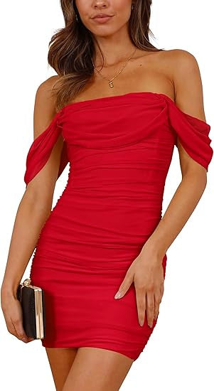 Damen figurbetontes Wickelkleid mit schulterfreiem Design Drune