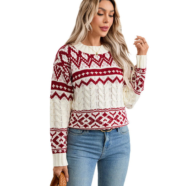 Damen gestrickter Pullover mit grafischem Norweger-Muster und hochgeschlossenem Kragen Drune