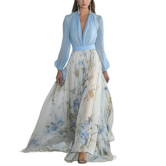 Damen Elegantes Maxikleid mit v-ausschnitt und fließendem Rock Drune