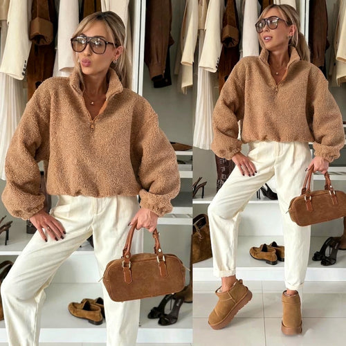 Damen kuscheliger Fleece-Pullover mit hohem Kragen und elastischen Ärmelbündchen Drune