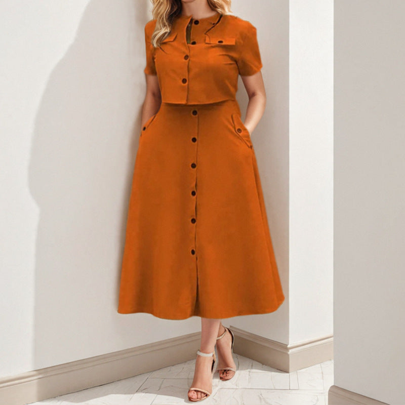 Damen Midi Kleid mit knöpfbarem Oberteil und taillierter Silhouette Drune