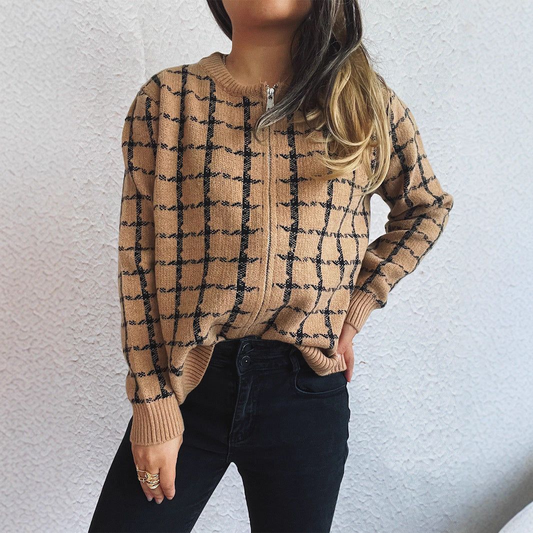 Damen Strickjacke mit modernem Karomuster und praktischen Taschen Drune