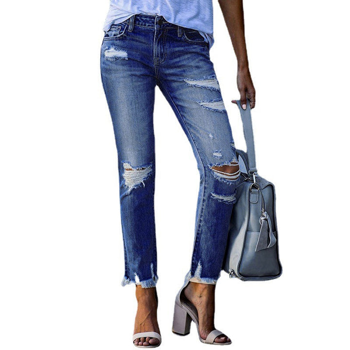 Damen destroyed Jeans mit fransigen Säumen und modischen Rissen Drune