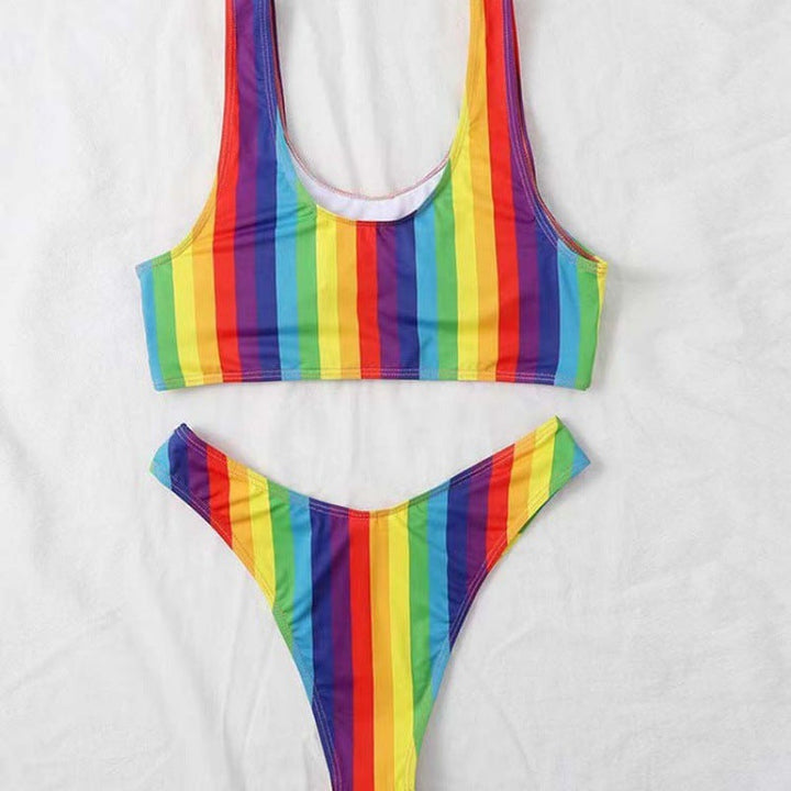 Damen Triangel-Bikini mit verstellbaren Trägern und buntem Streifenmuster Drune