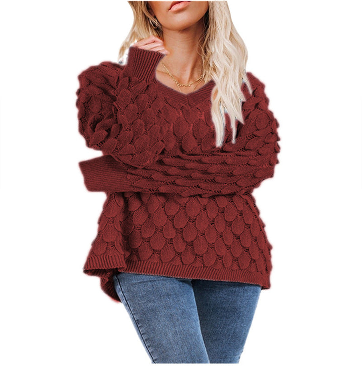 Damen Grobstrickpullover mit skulpturalem Wellenmuster und V-Ausschnitt Drune