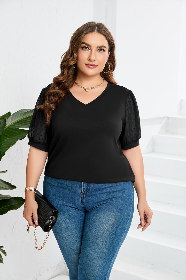 Damen elegantes Blusenshirt mit transparenten Puffärmeln und V-Ausschnitt Drune