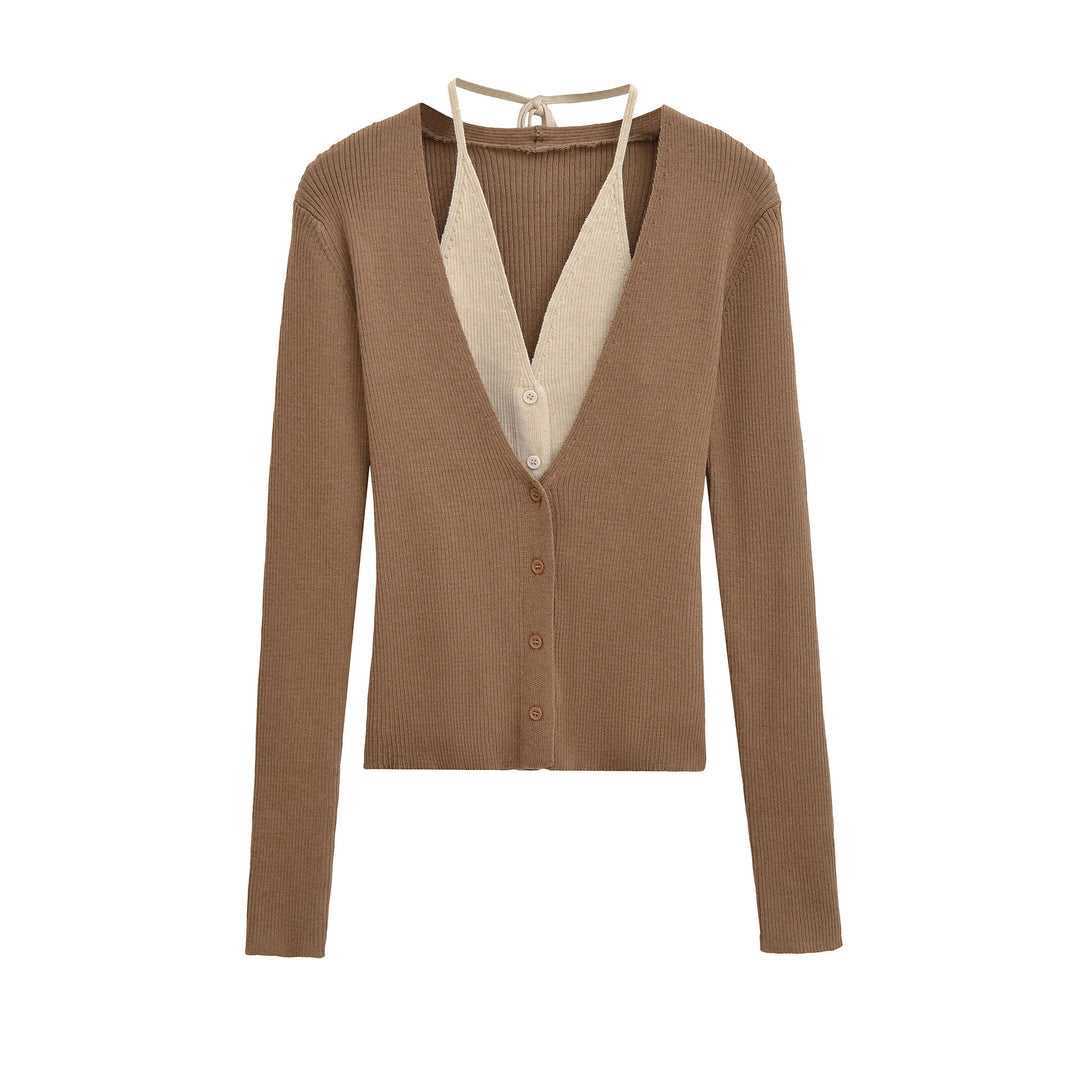 Damen eleganter Strick-Cardigan mit tiefem V-Ausschnitt und kontrastierendem Innenfutter Drune