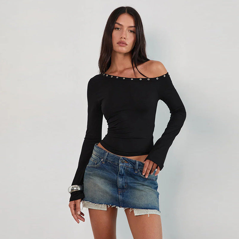 Damen Off-Shoulder Oberteil mit modischen Knöpfen und figurbetontem Schnitt Drune