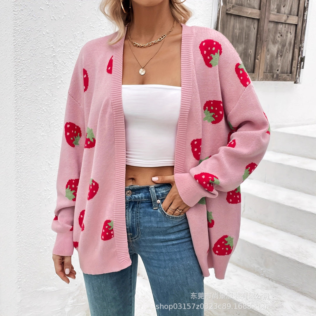 Damen Strickjacke mit Erdbeer-Muster Drune