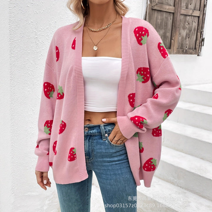 Damen Strickjacke mit Erdbeer-Muster Drune