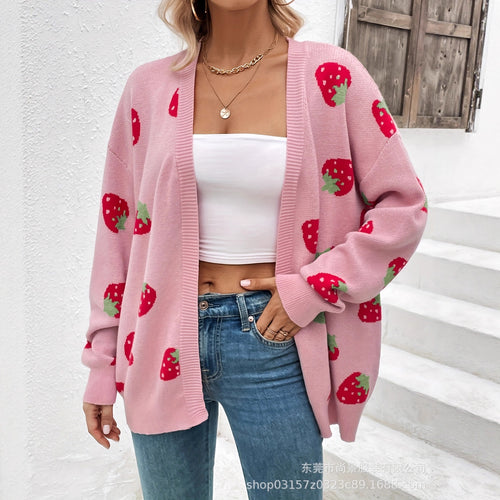 Damen Strickjacke mit Erdbeer-Muster Drune