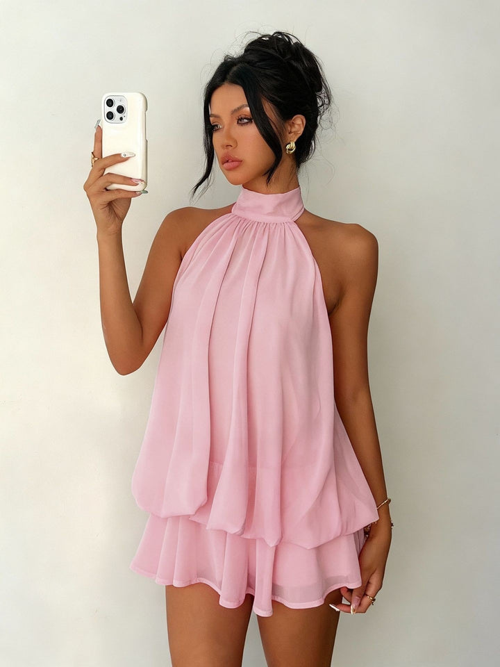 Damen elegantes Hochgeschlossenes Minikleid mit fließendem Stoff und verspieltem Volant Drune