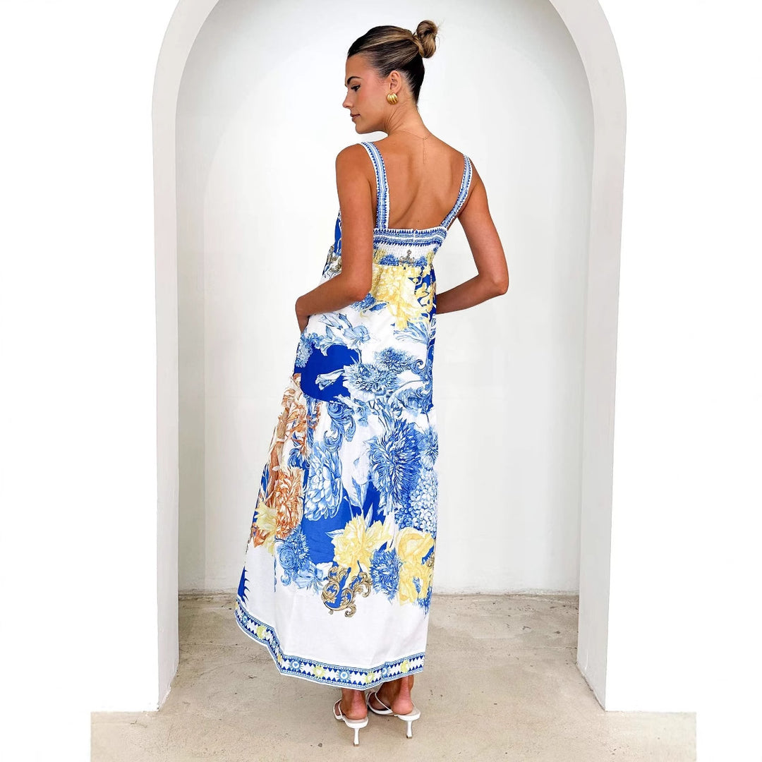 Damen Maxi-Strandkleid im floralen Design mit verstellbaren Spaghettiträgern Drune