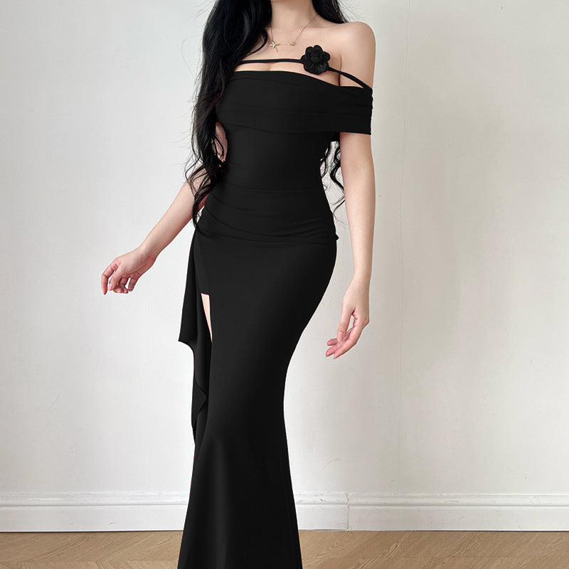 Damen elegantes Off-Shoulder-Maxikleid mit raffiniertem Schnitt und floralen Akzenten Drune