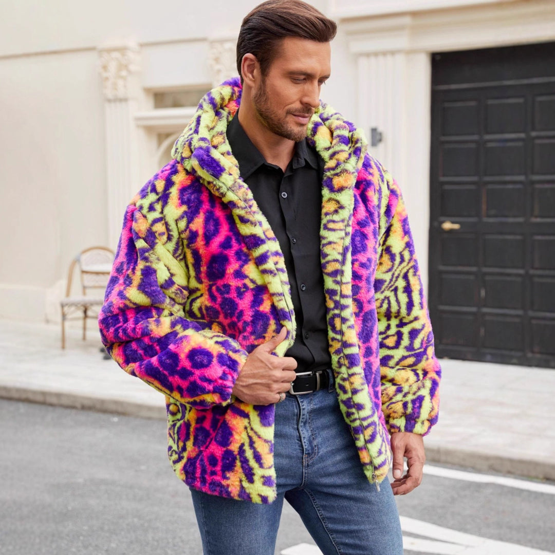 Herren Plüschjacke mit auffälligem Tierprint und Kapuze Drune