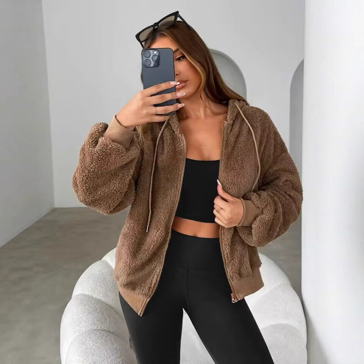 Damen Teddy-Fleecejacke mit Kapuze und elastischen Bündchen Drune