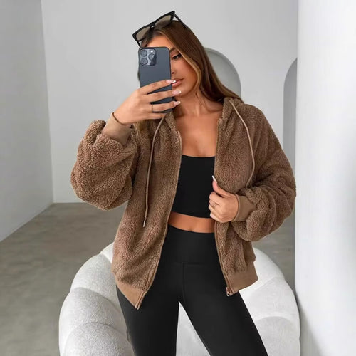 Damen Teddy-Fleecejacke mit Kapuze und elastischen Bündchen Drune