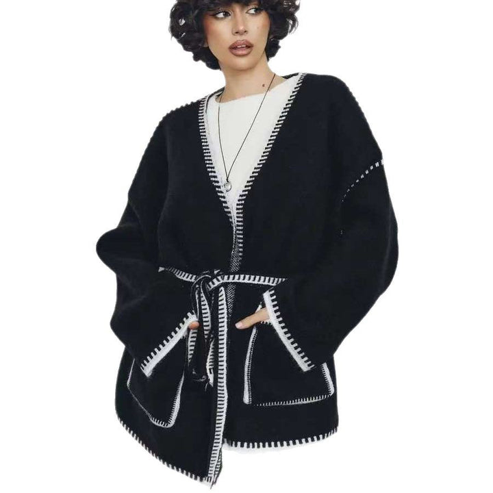 Damen Modischer Strickcardigan mit Taillengürtel und originellem Taschen-Design Drune