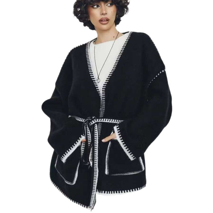 Damen gemütlicher Strickcardigan mit tiefem V-Ausschnitt und praktischen Taschen Drune