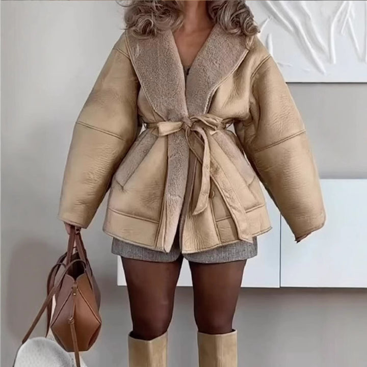 Damen kuschelige Jacke mit breitem Kragen und Bindegürtel Drune