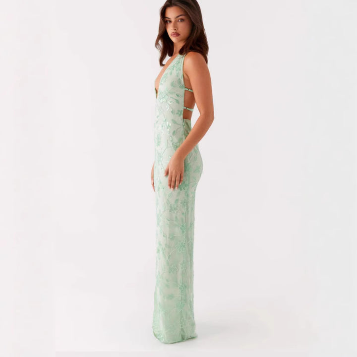 Damen Elegantes Langarmkleid mit floralem Spitzenüberzug und tiefem V-Ausschnitt Drune